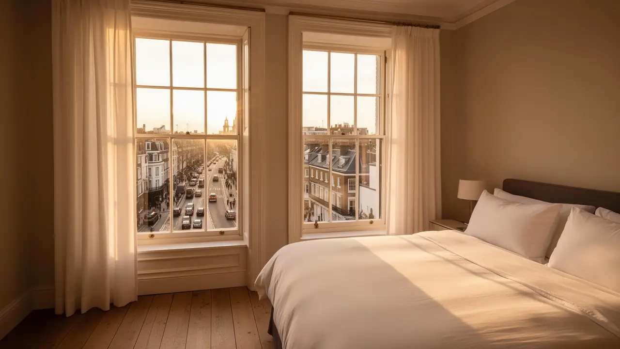 Sun-drenched London period bedroom with sash windows overlooking a busy street — perfectly silent thanks to acoustic glazing